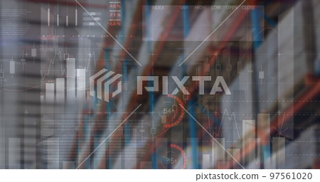 Image of financial data processing over empty warehouse Image of financial data processing over empty warehouse 97561020