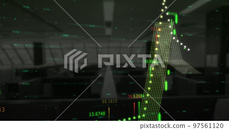 Financial data processing over world map against empty office in background Financial data processing over world map against empty office in background 97561120