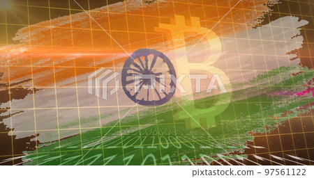 Image of bitcoin symbol and binary coding over flag of india in background Image of bitcoin symbol and binary coding over flag of india in background 97561122
