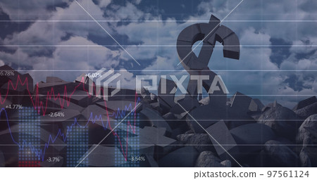 Financial data processing over broken dollar symbol against clouds in the blue sky Financial data processing over broken dollar symbol against clouds in the blue sky 97561124