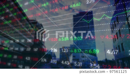 Image of financial data and graphs over cityscape 97561125