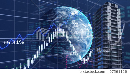 Financial data processing over globe and tall buildings against blue background Financial data processing over globe and tall buildings against blue background 97561126