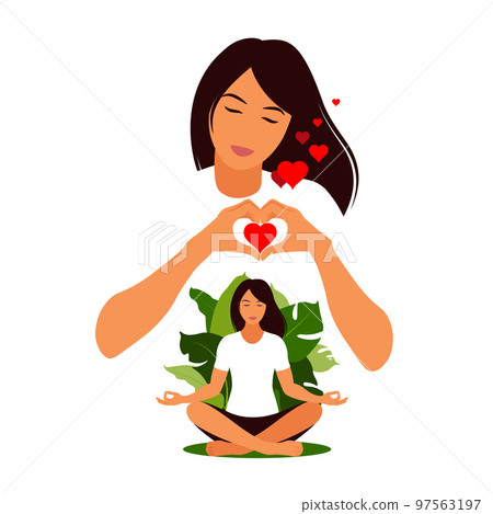 Self-love, meditation, yoga concept, relax, recreation, healthy lifestyle. Woman in lotus pose. Vector illustration. 97563197