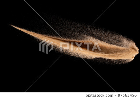 Small size fine Sand flying explosion, Golden grain wave explode. Abstract cloud fly. Yellow colored sand splash silica in Air, comet tail ice fall down to earth. Element Black background Isolated Small size fine Sand flying explosion, Golden grain wave explode. Abstract cloud fly. Yellow colored sand splash silica in Air, comet tail ice fall down to earth. Element Black background Isolated 97563450