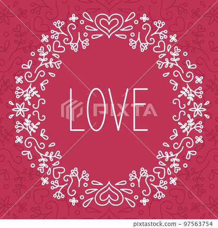 Valentine's day greeting card. Lettering love. Floral frame in doodle style on a viva magenta background. Vector illustration Valentine's day greeting card. Lettering love. Floral frame in doodle style on a viva magenta background. Vector illustration 97563754