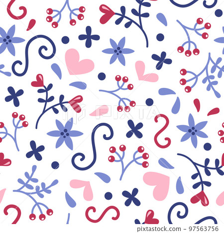 Seamless romantic pattern with hearts, flowers and berries in doddle style. Valentine's day, wedding, mother's day background. Vector illustration Seamless romantic pattern with hearts, flowers and berries in doddle style. Valentine's day, wedding, mother's day background. Vector illustration 97563756