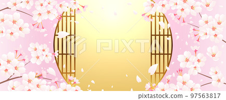 櫻花與日式圓窗背景 97563817