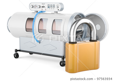 Diving chamber with padlock, 3D rendering Diving chamber with padlock, 3D rendering 97563934