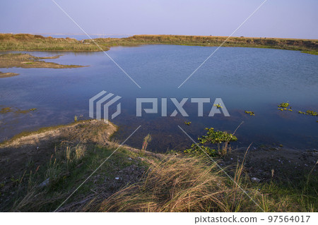 Crystal clear blue water lake landscape view nearby Padma river in Bangladesh Crystal clear blue water lake landscape view nearby Padma river in Bangladesh 97564017