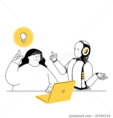 A vector illustration of a woman talking to an AI robot to get ideas. 97564159