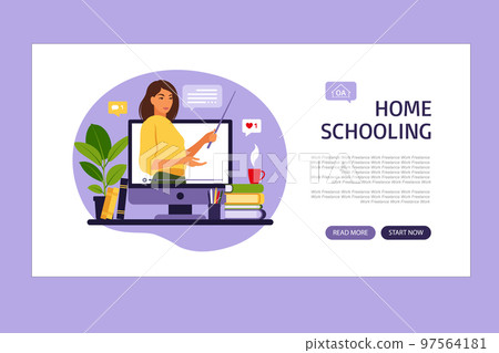 Online learning concept. Home schooling landing page. Teacher at chalkboard, video lesson. Distance study at school. Vector illustration. Flat style. Online learning concept. Home schooling landing page. Teacher at chalkboard, video lesson. Distance study at school. Vector illustration. Flat style. 97564181