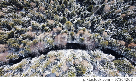 Snowy landscape with winding mountain road, view from above. Snowy landscape with winding mountain road, view from above. 97564267