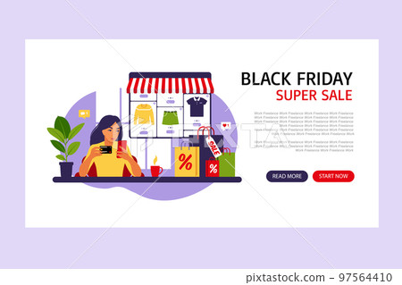 Online shopping. Black friday. Landing page template with young woman. Modern concept for web. Sale. Vector illustration. Flat style. 97564410