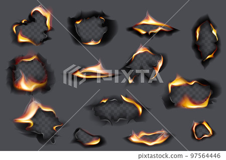 Burning holes, fire flames. Realistic burnt paper. Burned paper realistic fire flame isolated page sheet torn ash vector illustration Burning holes, fire flames. Realistic burnt paper. Burned paper realistic fire flame isolated page sheet torn ash vector illustration 97564446
