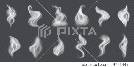 Smoke vector collection, isolated, transparent background. White dust, smoke or fog clouds isolated on transparent background. Realistic wind blow swirls, smoke air or hot steam. 97564451