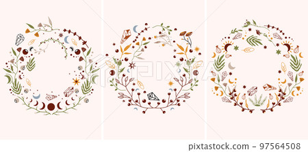 Vector set of posters with mystical leaves, flowers, moon, stars. Celestial design with space for your text suitable for posters, banners, cosmetics, spa. Bohemian posters. Vector illustration. 97564508