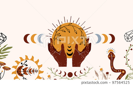 Banner in boho style with a hand holding the moon, mystical snake, sun, flowers and leaves. Minimalist boho design is perfect for posters, cards. Astrological symbols. Vector illustration. 97564525