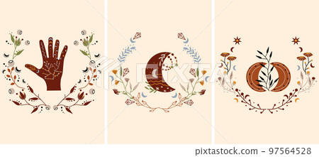 Boho compositions with a mystical hand, a magical moon, flowers, leaves, stars. Celestial designs are suitable for posters, banners, cosmetics, spa. Vector illustration. 97564528