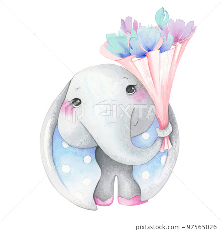 Cute baby elephant watercolor illustration. Isolated on white background. African baby animal for baby shower, nursery decorations, birthday invitations, postera, greeting card, fabric. Baby girl. Cute baby elephant watercolor illustration. Isolated on white background. African baby animal for baby shower, nursery decorations, birthday invitations, postera, greeting card, fabric. Baby girl. 97565026