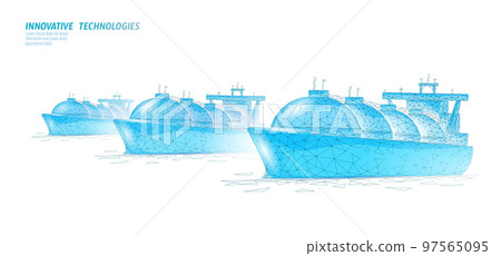 Tanker ship liquified gas transportation symbol. 3D low poly industrial oil refinery technology. Delivery petrol fuel cargo. Ocean LPG tank propane vector illustration 97565095