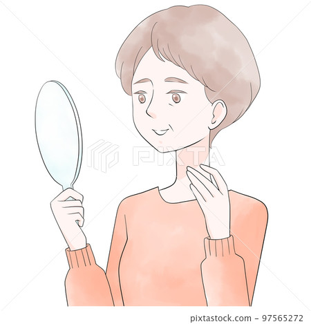 Smiling illustration of a senior woman holding a hand mirror and touching her neck 97565272