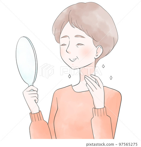 Exceptional smile Illustration of a senior woman holding a hand mirror and touching her neck 97565275