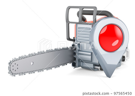 Chain saw with map pointer. 3D rendering Chain saw with map pointer. 3D rendering 97565450