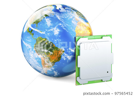 CPU with Earth Globe, 3D rendering CPU with Earth Globe, 3D rendering 97565452