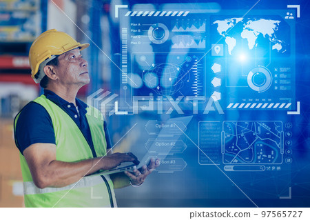 male worker using advanced digital technology hologram display world shipping information modern industry 5.0 concept 97565727