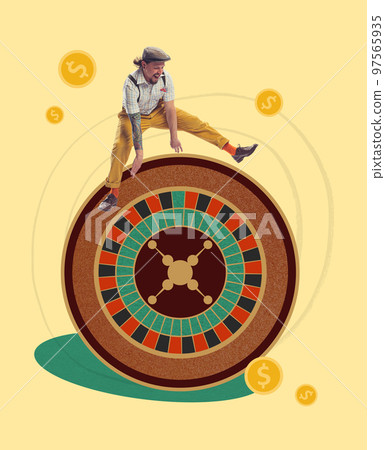 Contemporary art collage. Creative design. Excited man jumping over French roulette. Earning money. Online gambling 97565935