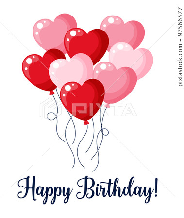 Postcard Happy Birthday, bright flying red heart balloons. Background, holiday print, vector Postcard Happy Birthday, bright flying red heart balloons. Background, holiday print, vector 97566577