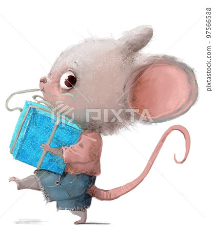 cute little mouse character with blue present box 97566588