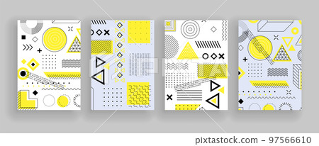 Geometric shapes on banners. Simple figures. Memphis design, retro elements for the Internet, advertising, commercial banner or poster. Abstract vector pattern with simple shapes Geometric shapes on banners. Simple figures. Memphis design, retro elements for the Internet, advertising, commercial banner or poster. Abstract vector pattern with simple shapes 97566610