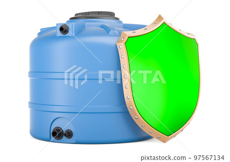 Plastic Water Tank with shield, 3D rendering Plastic Water Tank with shield, 3D rendering 97567134