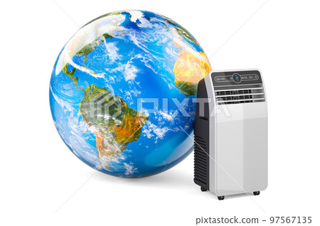 Portable air conditioner with Earth Globe, 3D rendering 97567135
