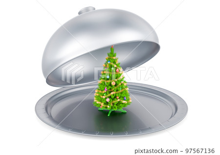 Restaurant cloche with Christmas tree. 3D rendering 97567136