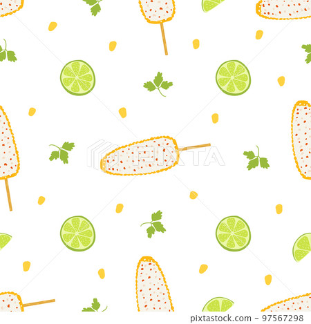Seamless pattern with elote dish. Traditional Mexican food, folk cuisine. Vector background with grilled corn Seamless pattern with elote dish. Traditional Mexican food, folk cuisine. Vector background with grilled corn 97567298