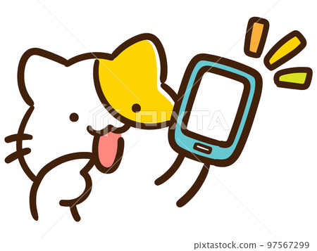 一個可愛的貓角色指向智能手機並顯示屏幕的手寫風格插圖 97567299