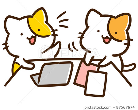 Hand-drawn illustrations of cute cats who spread out materials and have a meeting 97567674