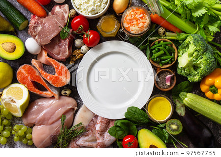 Paleo diet concept. Raw foods high protein and low carbohydrate products, ingredients for healthy food. Top view flat lay. 97567735