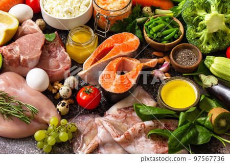 Paleo diet concept. Raw foods high protein and low carbohydrate products, ingredients for healthy food. 97567736