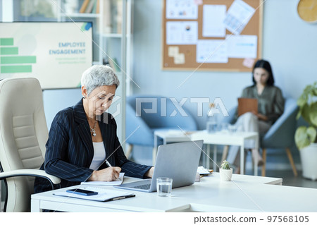 Senior woman as female boss sitting at workplace in office and using laptop 97568105