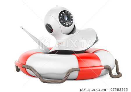 Internet Protocol camera with lifebelt, 3D rendering Internet Protocol camera with lifebelt, 3D rendering 97568323