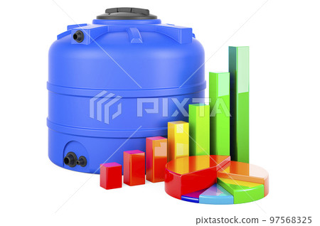Plastic Water Tank with growth bar graph and pie chart, 3D rendering 97568325