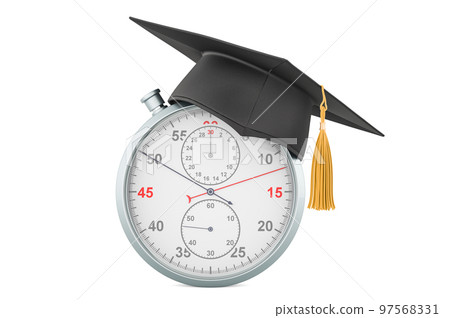 Stopwatch with graduation cap. 3D rendering isolated on white background 97568331