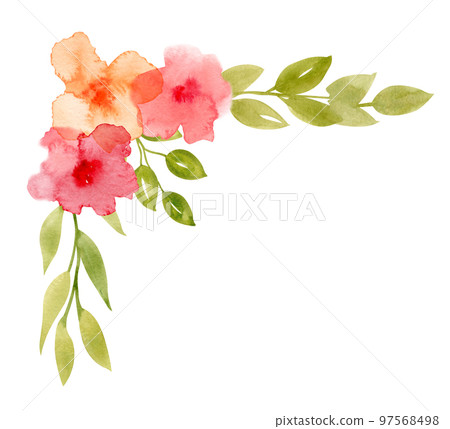 Watercolor abstract Flowers in orange and pink colors. Hand drawn floral illustration for greeting cards or wedding invitations. Bouquet with green leaves on isolated background. Botanical sketch. Watercolor abstract Flowers in orange and pink colors. Hand drawn floral illustration for greeting cards or wedding invitations. Bouquet with green leaves on isolated background. Botanical sketch. 97568498