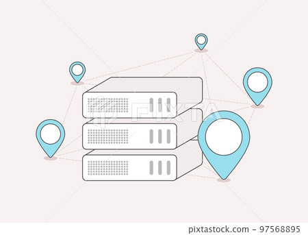 CDN - content distribution network concept. VPN with decentralized placement of data centers in different places. DDoS Protection. Content delivery network of proxy servers flat outline illustration 97568895
