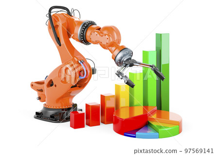 Robotic arm with growth bar graph and pie chart, 3D rendering 97569141