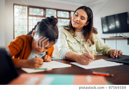 Education, mother and remote work with child, help with school and teaching with learning, student and homework at family home. Girl writing, notebook and scholarship, learn with freelance woman 97569389