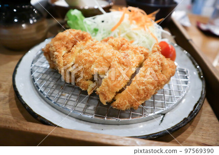 deep fried chicken, fried chicken with salad or Japanese fried chicken 97569390